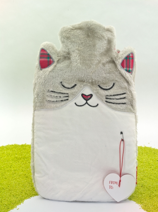 Wärmflasche mit kuscheligem Überzug Katze grau-weiß