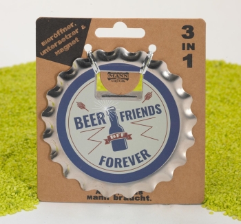 3in1 Flaschenöffner Bieröffner Untersetzer mit Magnet - BFF Beer Friends Forever