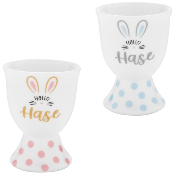 2er Set Eierbecher mit Fuß aus Porzellan Hallo