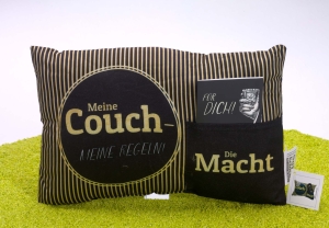 Geschenk-Kissen mit Karte Meine Couch, meine Regeln