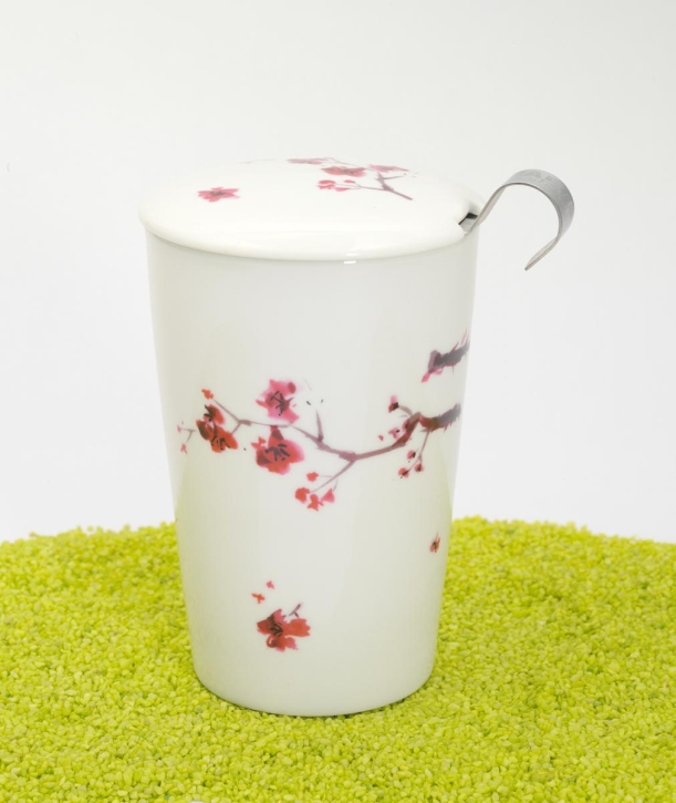 Trinkbecher Teaeve Porzellan mit Deckel & Edelstahlsieb Cherry Blossom 350ml