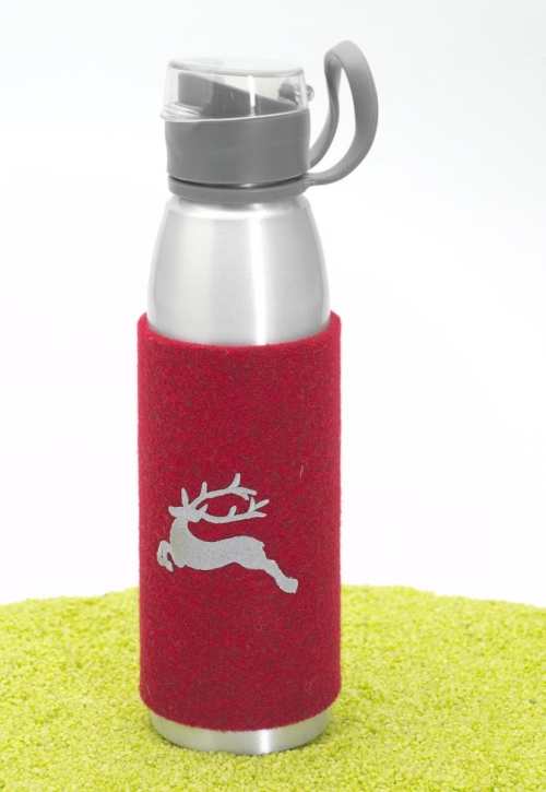 Trinkflasche Sportflasche mit Filzhülle Hirsch im Sprung in melangerot 650 ml