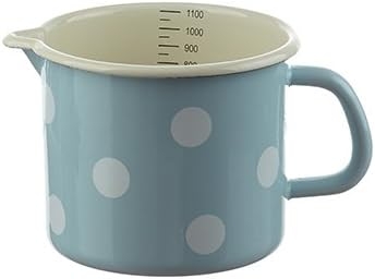Milchtopf aus Emaille mit Messskala in hellblau mit Tupfen 1 Liter