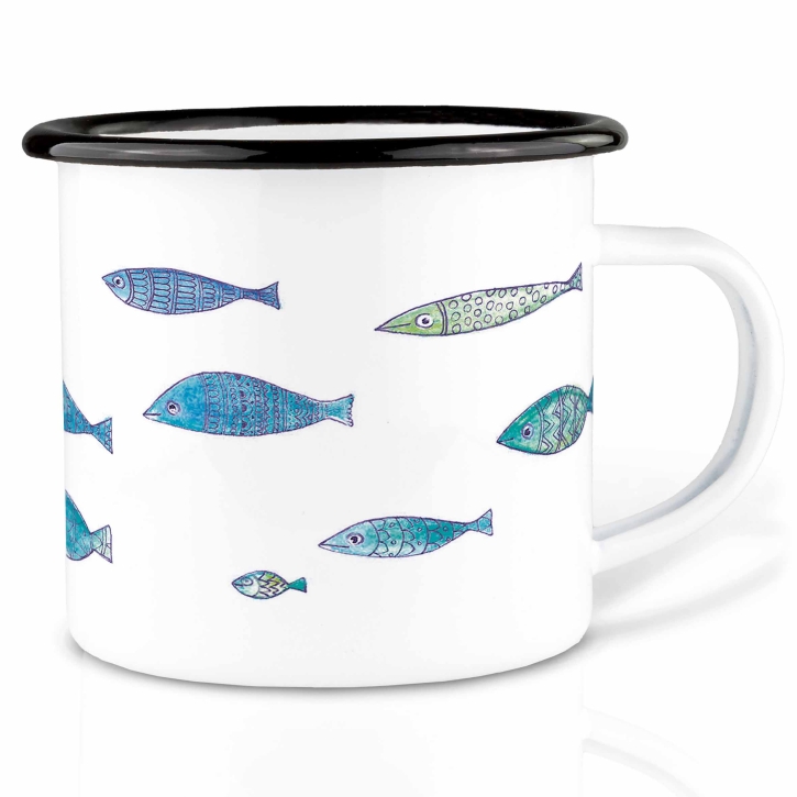 Tasse aus Emaille Fischschwarm 300ml