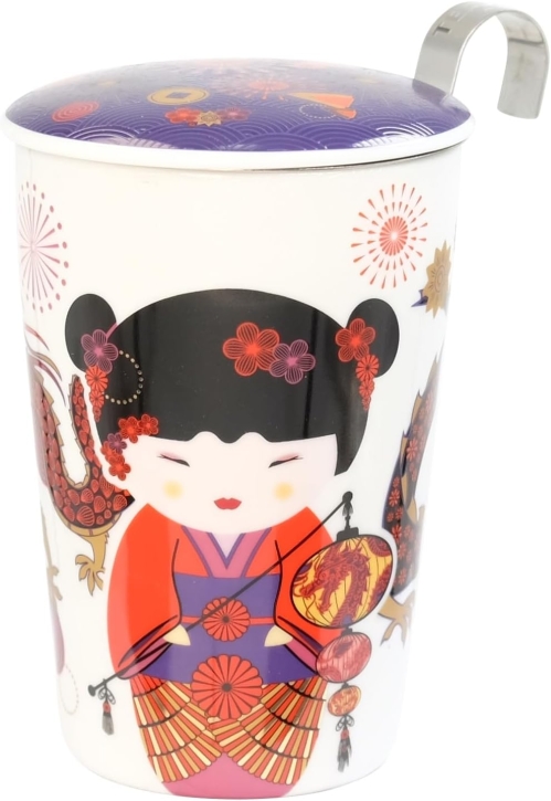 Trinkbecher Teaeve Porzellan mit Deckel & Edelstahlsieb Sweet Little Geisha fire 350ml